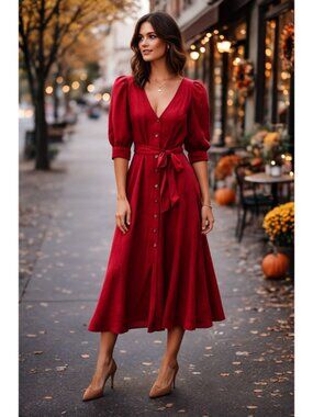 Fame & Partners Red Linen Blend Tie Waist Midi Dress Button Down Size 2